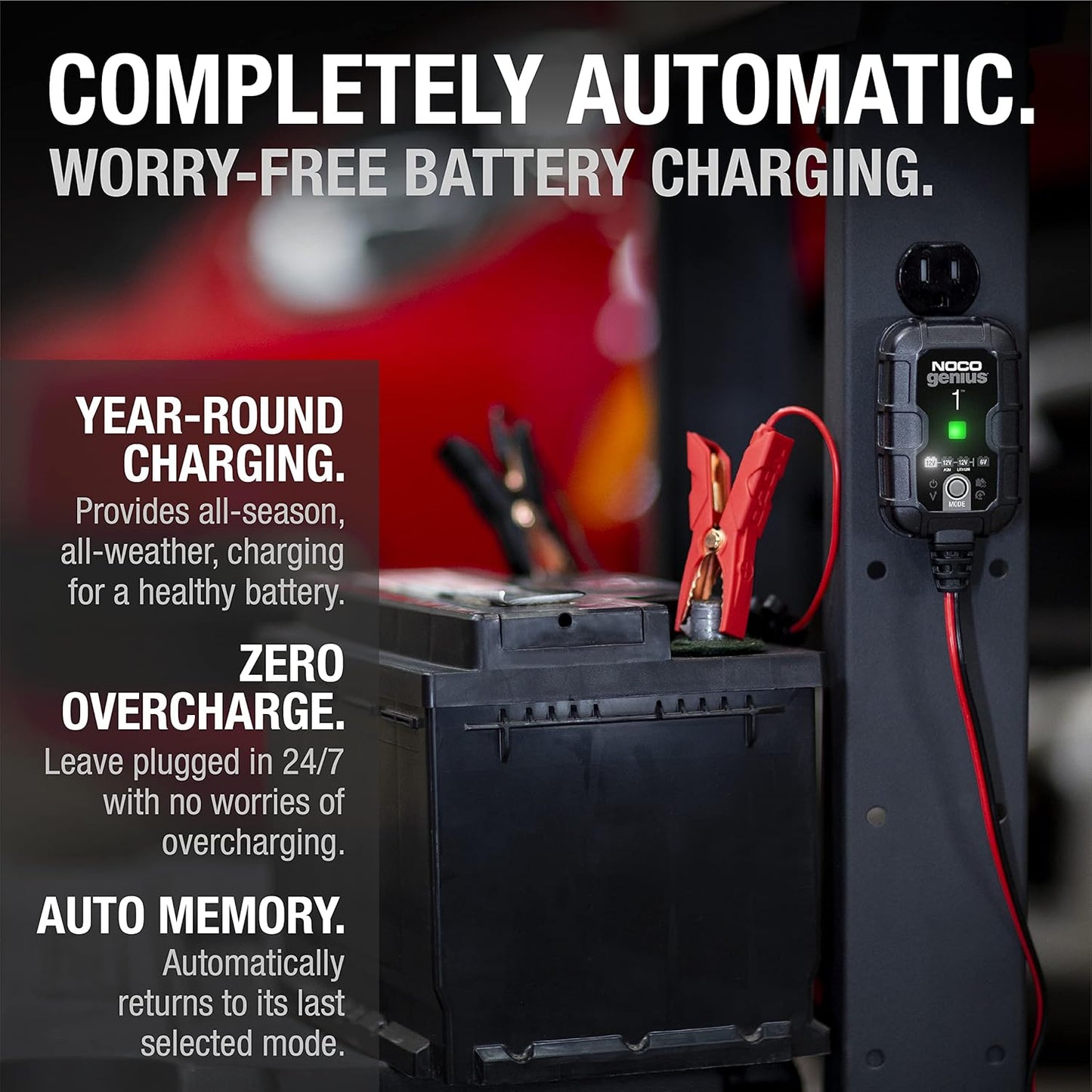 NOCO GENIUS1 1A Smart Battery Charger, 6V and 12V, Battery Maintainer, For Lead-Acid & Lithium Batteries