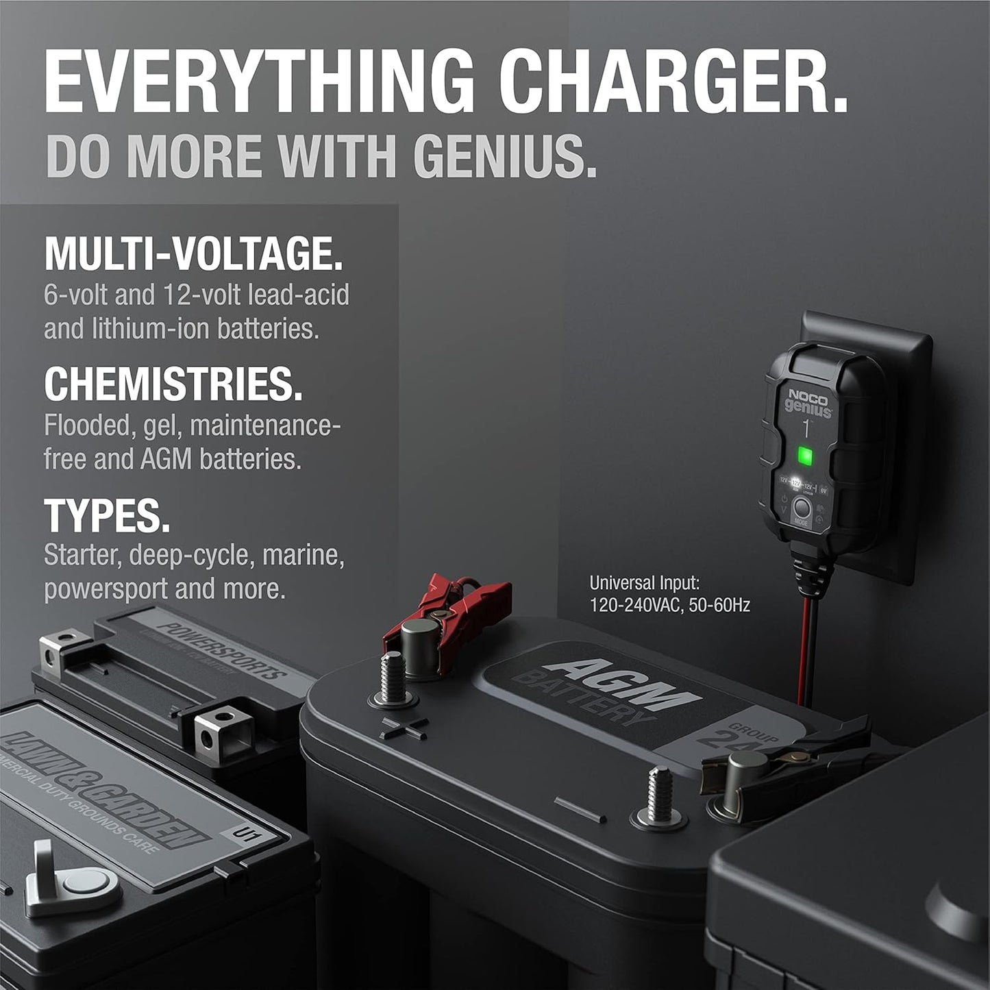 NOCO GENIUS1 1A Smart Battery Charger, 6V and 12V, Battery Maintainer, For Lead-Acid & Lithium Batteries